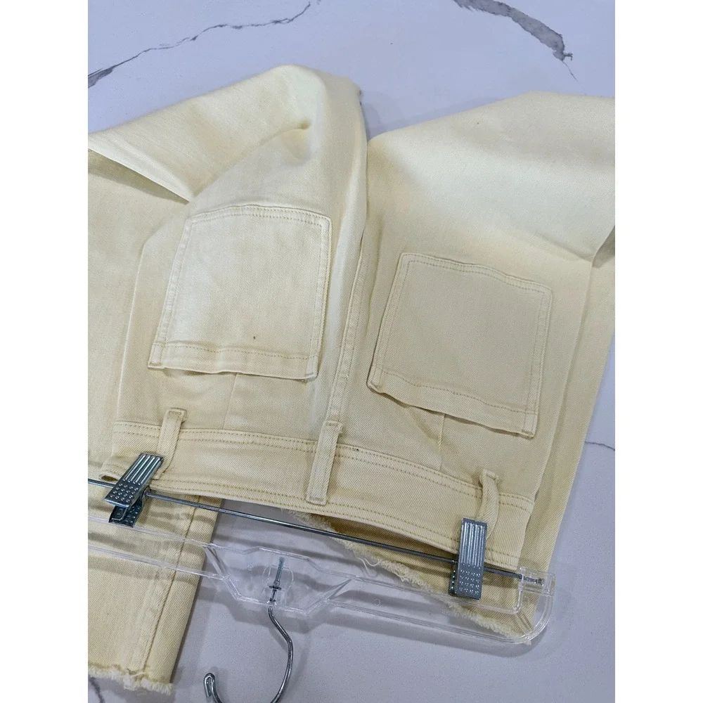 Miou Muse Pale Yellow High‎ Waisted Wide Leg Raw Hem Cropped Jeans Small
